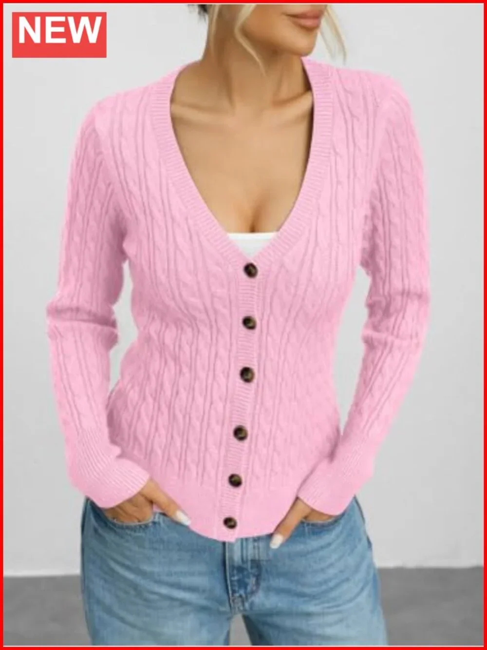 Cable Knit Cardigan Chunky Button Down V-Neck Long Sleeve Sweater